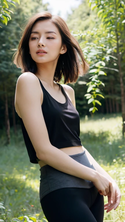 (8k, RAW photos, best quality, masterpiece: 1.2), (realistic, photorealistic: 1.37), in the forest, tank top, Leggings pants, yoga, sunlight, Arms together in front, I closed my eyes and looked up at the sky