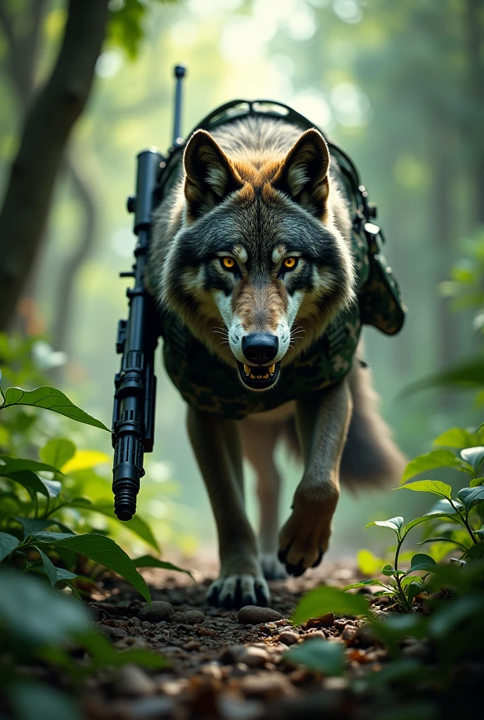 Creat a video wolf walking in jungle a gun in hand with army uniform 