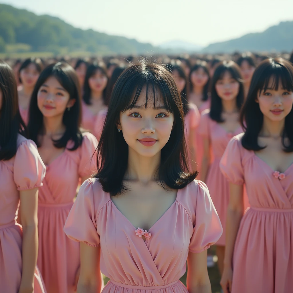 (((((Japanese Clone girls=Myself)))))), (((Best Super High quality Myself Clone girls Raw Photography Art))), (16K, Highest quality, Ultra-high resolution, RAW Photos), (((It's so unrealistic., With unparalleled depiction, With an unfathomable sight, An unprecedented and shocking worldview, Clone girls in a world of mass reproduction, Ultra-realistic))), (((Japanese, woman, 20yo, Saito-Asuka))), (Small face, ((Thick black hair, Semi-long hair))), ((V-neck short-sleeve dress)), (((((Very detailed美しい女体, Accurate body structure, Very detailed完璧な, Super busty body with very large breasts, Clearly emphasizes cleavage))))), (((Dark Eyes, Mature face, Cute Smile, A gentle gaze))), (((Her happy and smiling expression is so cute))), ((((((((Very detailed分身増殖描写, ((1girl→Myself cloning→1,000,000,000,000,000,000,000,000,000,000,000,000,000,000,000,000,000,000,000,000Myself Clone girls)))))))))), ((((((((Very detailed, The precise depiction of the proliferation of Myself Clone girls, ((With the perfectly identical bodies of Myself clone girls, With the exact same face as the Myself clone girls, With the exact same hairstyle as the Myself clone girls, In the exact same clothes as the girls who are my clones, Perfectly the same height as the Myself clone girls, Super big breasts, just like the Myself clone girls)))))))))), (((Myself clone girls only))), (((Multiple pairs, Very detailed depiction, (Myself clone girls hug each other, Myself clone girls assemble, Fun conversations with fellow Myself clone girls, A fun conversation between Myself clone girls, Myself clone girls holding hands, Walking with lots of Myself clone girls)))), (((Everyone looks at the camera))), (((Unbelievably crowded, Transcendent Myself clone girls intimately, Countless Myself clone girls surround you in 360 degrees))), (Bright, soft sunlight), (((Very wide field of view, Very detailed, Detailed ultra-perspective depiction with clear depth, super wide top view))), (((((Landscape with a curved slope))))), (((Very photographic and detailed depiction, Myself clone girls will multiply infinitely and fill the surroundings from one side to the horizon with their bodies tightly packed together without any gaps., A scene of endless Myself clone girls and a fun atmosphere))), (Focus on the average value of the image)