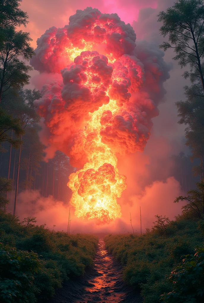 A huge explosion spreading in the middle of a forest and a path of fire in the middle with green and pink fire, in the background burning things and pink smoke and smoke. The sky is red and smokey, more fire around that is green and pink. Seen from the floor 
