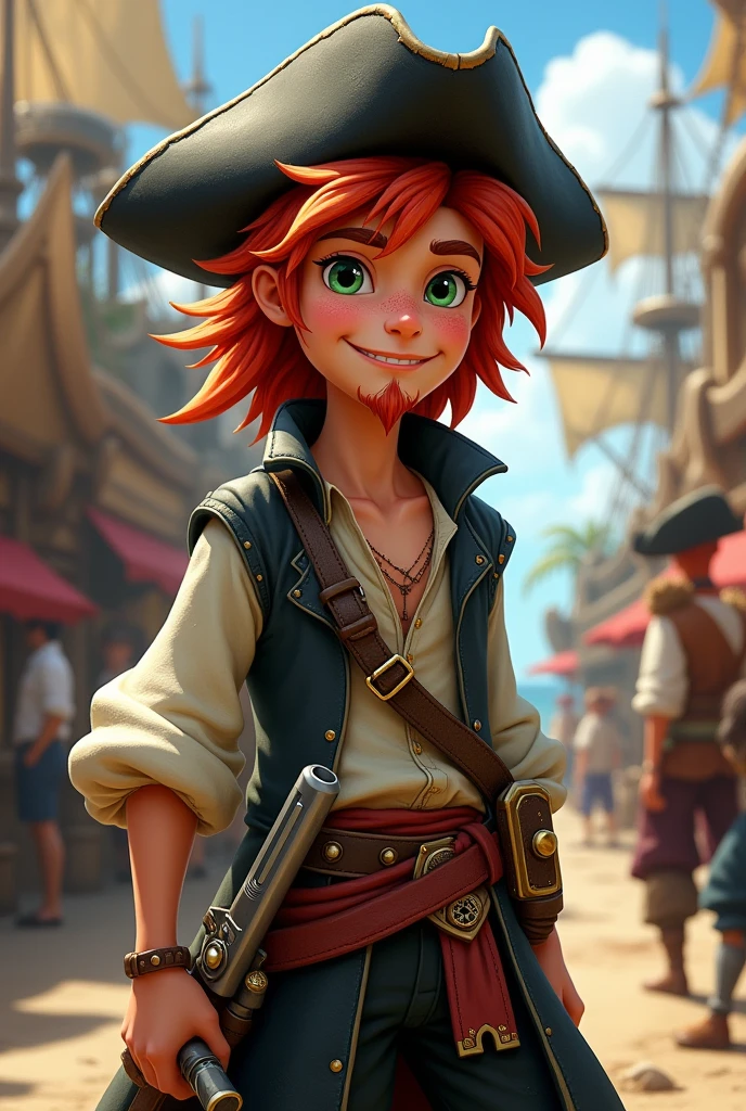 Create a full human race character image for D&D. A young pirate Long red hair with a short goatee and a straw of red moustache. He has dark green eyes and a cheerful look.. He wears a shabby black leather hat, He wears a dark pirate trench coat with a ruined light shirt and a damaged vest underneath.. On his belt he carries two sabres and two pistols. In the background is a pirate port