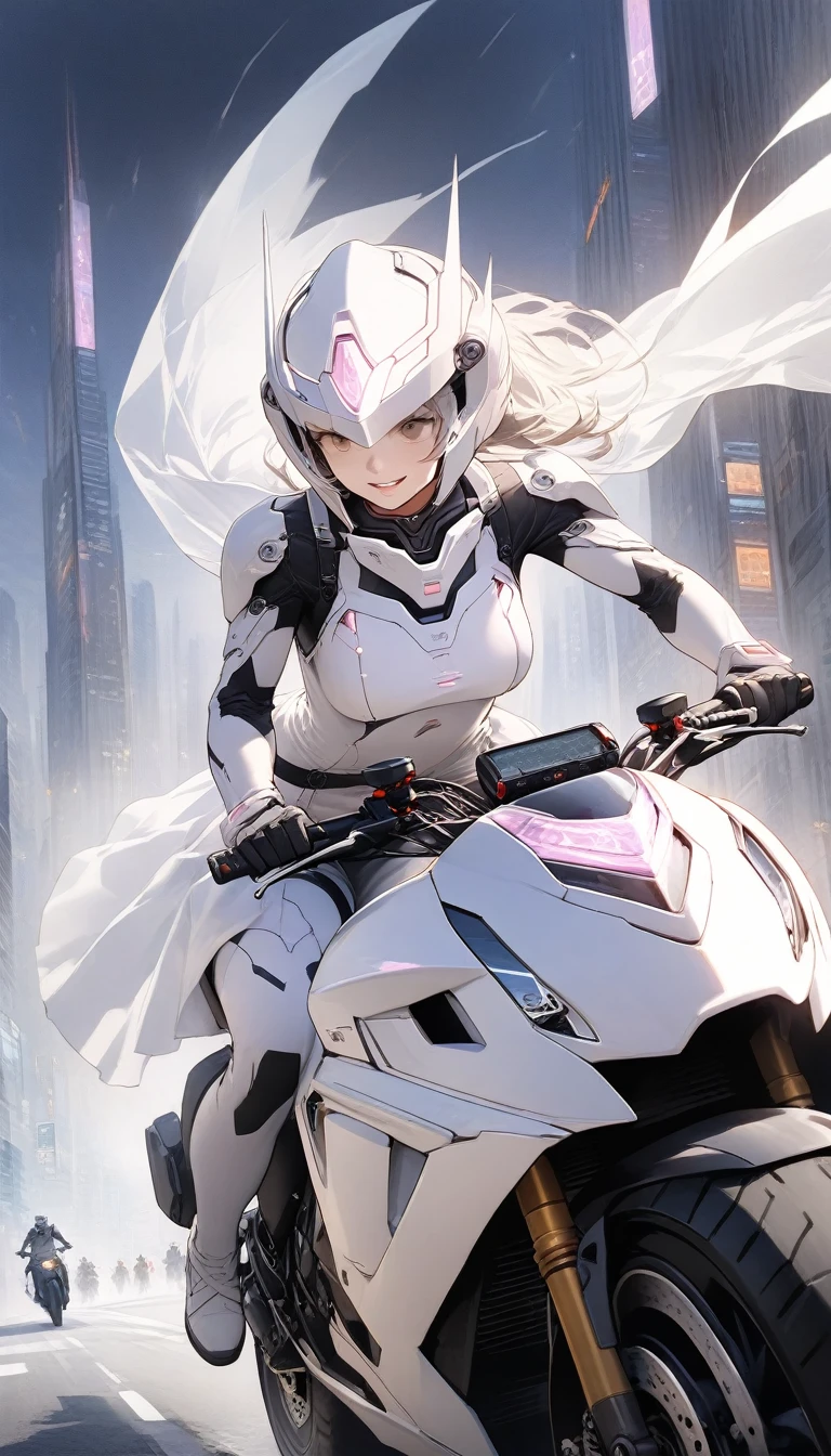 Best image quality, Excellent details, Ultra-high resolution, (Faithfulness: 1.4), Best illustrations, Favorite Details, A very condensed one, Delicate and beautiful features, Wearing a black and white mech, Wearing a mecha helmet, Hold the directional controller, Riding on motorcycle, The background is a futuristic city high tech lighting scene.