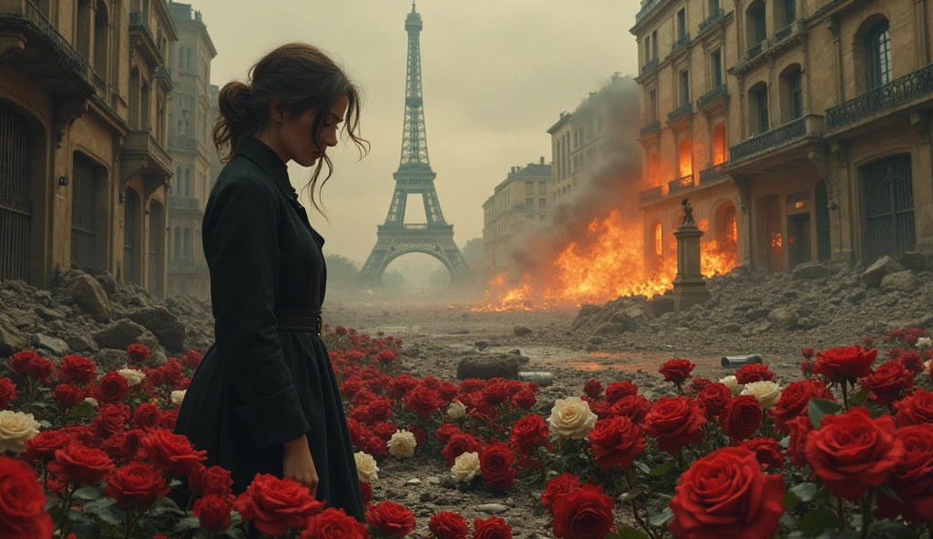 1934; (masterpiece, best quality) destroyed city (Paris); thousands of red white roses on the ground; 1sad woman looking Down(close-up); bombs falling from the sky.; fire around.