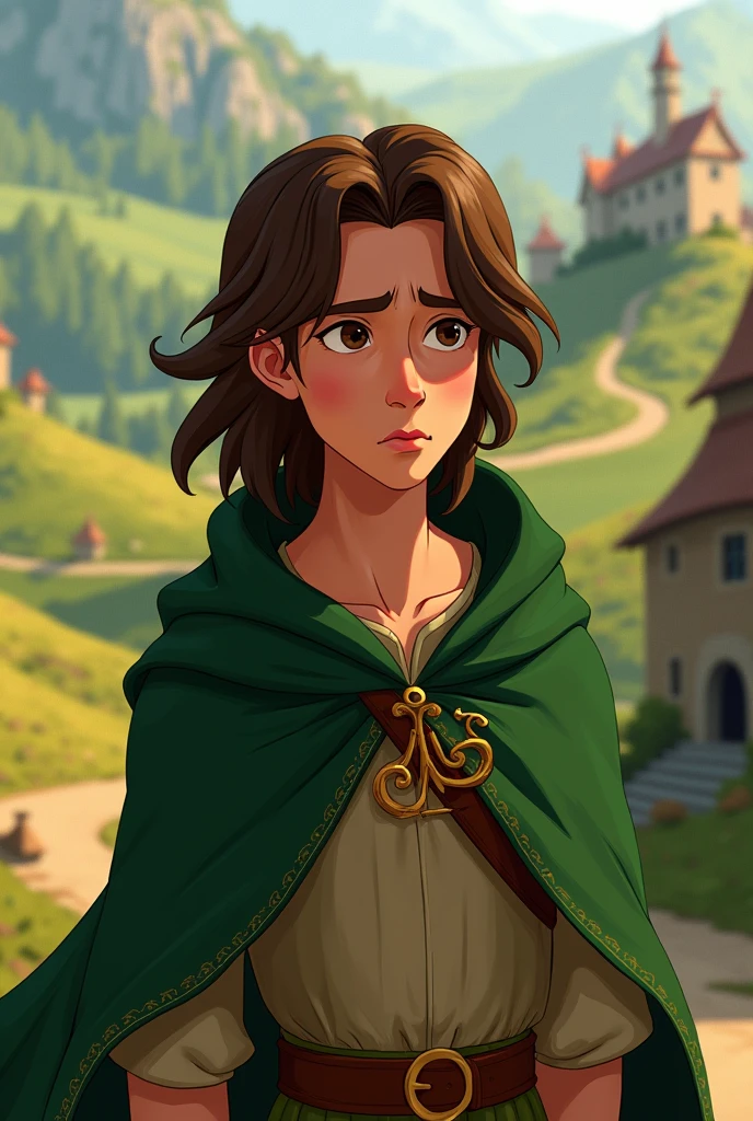 Dreamworks 2D animation. Young man, Long hair, Without beard, tired look, medieval clothes and green cape