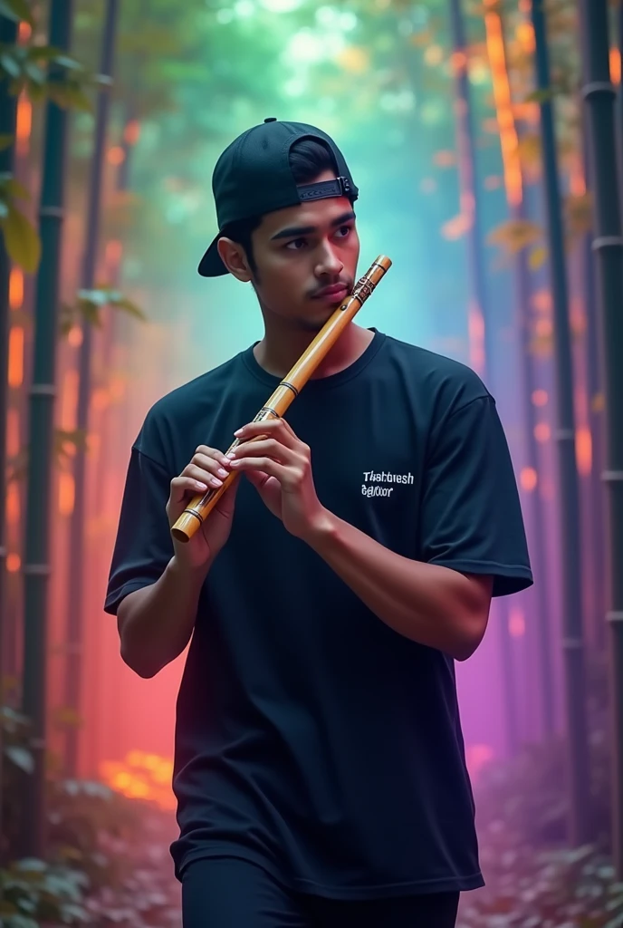 A 18 year younger man wearing black tshirt and black lower, Yogesh Rathor name on the tshirt, the boy wearing black cap,walking while playing a bamboo shakuhachi flute, the surrounding bamboo forest changes to rainbow colors in tune with the melodic music, mystical bamboo forest, (best quality,4k,8k,highres,masterpiece:1.2),ultra-detailed,(realistic,photorealistic,photo-realistic:1.37),beautiful detailed eyes,beautiful detailed lips,extremely detailed eyes and face,long eyelashes,intricate braided hat,detailed bamboo flute,colorful bamboo forest,moody lighting,serene atmosphere,ethereal,spiritual,peaceful,cinematic, the boy is young, YOGESH RATHOR name on the tshirt,the boy wearing black cap,