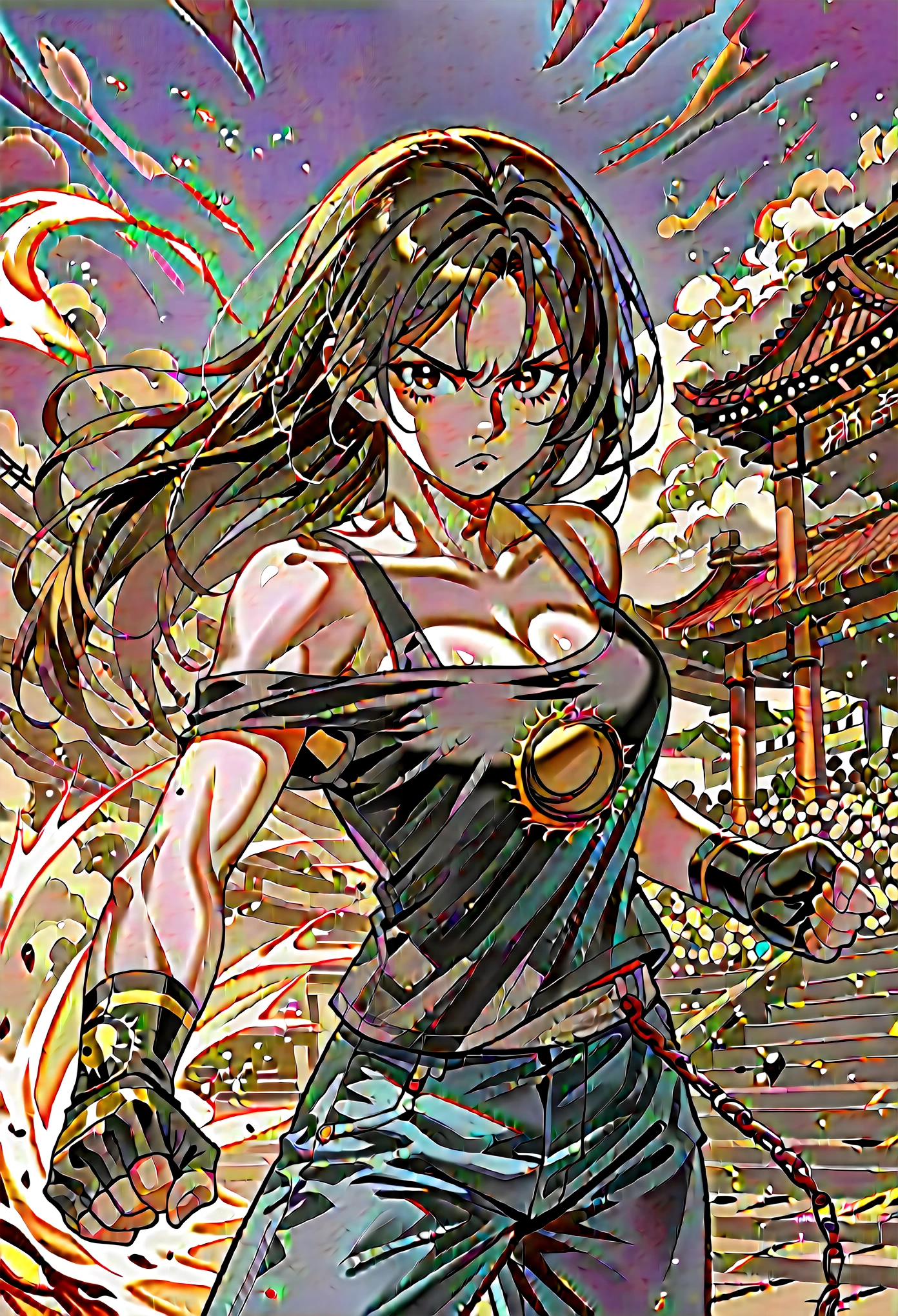 score_9, score_8_up, score_7_up, source_anime, 1girl, solo, (female:1.5), female focus, kyo_nest, brown hair, long hair, brown eyes,   black shirt, blue pants, chain, cleavage, off shoulder, sleeveless, fingerless gloves, fighting, stance, standing, pout, looking at you, coliseum