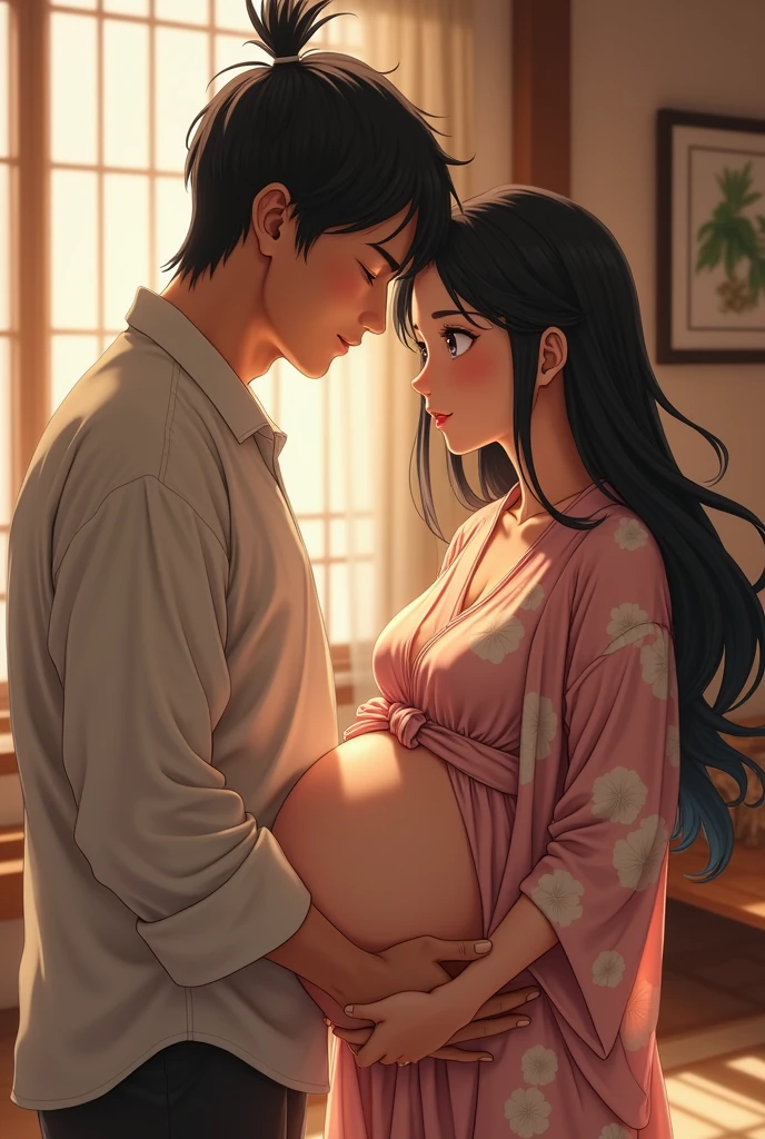 A Japanese female anime character and a handsome man got married.
The woman became pregnant..
My water broke at home.