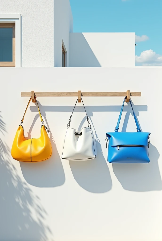 Create a 3d image of 3 bags hanging on house wall in Yellow, White and Blue in one lane 