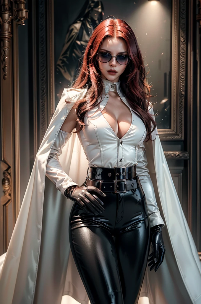 [cowboy shot], a beautiful young woman with long red hair, slim body, thin waist, narrow hips, detailed facial features, ((wearing high quality high waist black leather pants)), ((a formal white colored silk shirt with cleavage and long sleeves)), ((a white fur coat on shoulders)), ((red lining)), ((luxury waist belt)), ((slightly red tinted glasses)), ((black latex gloves)), ((expensive reflective silk scarf)), holding a handbag, hand on waist, (best quality,4k,8k,highres,masterpiece:1.2),ultra-detailed,(realistic,photorealistic,photo-realistic:1.37),high fashion,editorial,dramatic lighting,cinematic,vivid colors,intricate details, glamorous