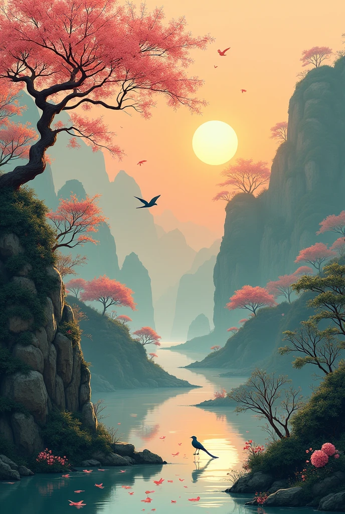 The artistic conception of Chinese style in Tang poetry (( Bustling things disperse the fragrance .Running water is heartless and grass comes from spring .Sunset, east wind, complaining bird .Falling flowers are like people falling from a building 。))