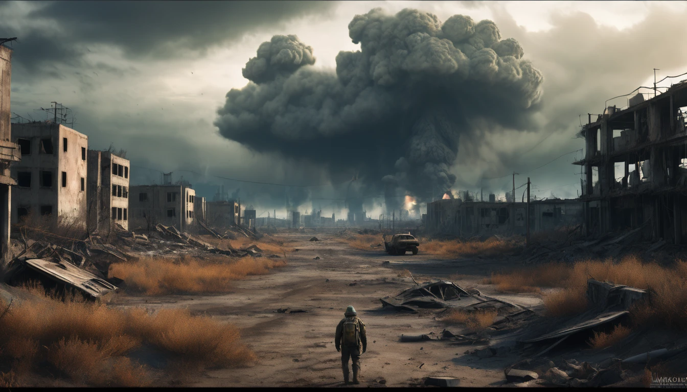 (best quality,4k,8k,highres,masterpiece:1.2),ultra-detailed,(realistic,photorealistic,photo-realistic:1.37),nuclear weapons,fallout 4,radiation,desolate wasteland,vivid colors,dystopian,destroyed buildings,smoke and debris,post-apocalyptic,ruins,barren land,ominous sky,dangerous creatures,radioactive glow,crumbling civilization,darkatmosphere,hopelessness,desperation,desolation,loneliness,survival struggle,overgrown vegetation,decayed infrastructure,ashen ground,mutated flora and fauna,deteriorating society,isolated survivors,scarred horizon,haunting silence,abandoned cities,vast emptiness,void of life,ruined civilization,shadowy figures,remnants of human existence,dreadful ambiance,harsh and unforgiving reality,bleak outlook,apocalyptic wasteland,ominous presence,apocryphal