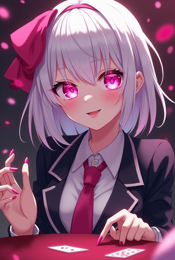 Kakegurui female character: White hair, hot pink eyes, lips and nails. Her eyes are hot pink and have big white sparkles. She also wears the usual Kakegurui school uniform. She's gambling with a smile