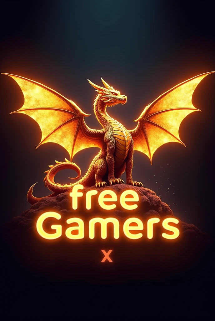 Create a logo with a winged gragon in its expected position, In front a phrase that says “FREE GAMERS” all with a golden neon theme