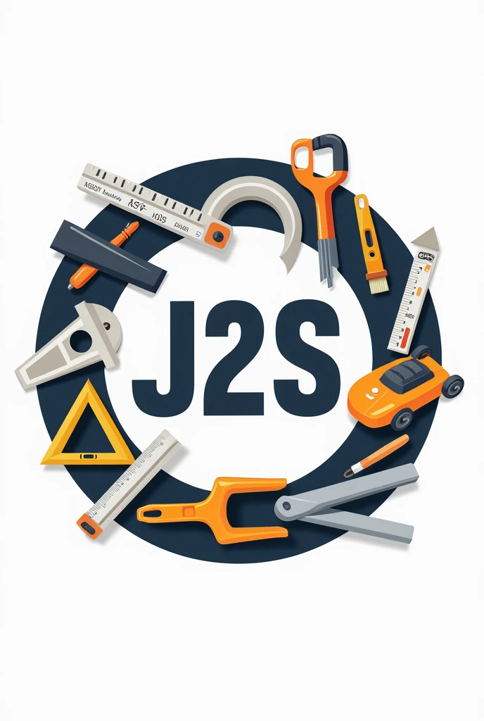 Circular logo of a company called J2S, with tools such as square , compass, ruler, spirit level, pinceau, mower... 