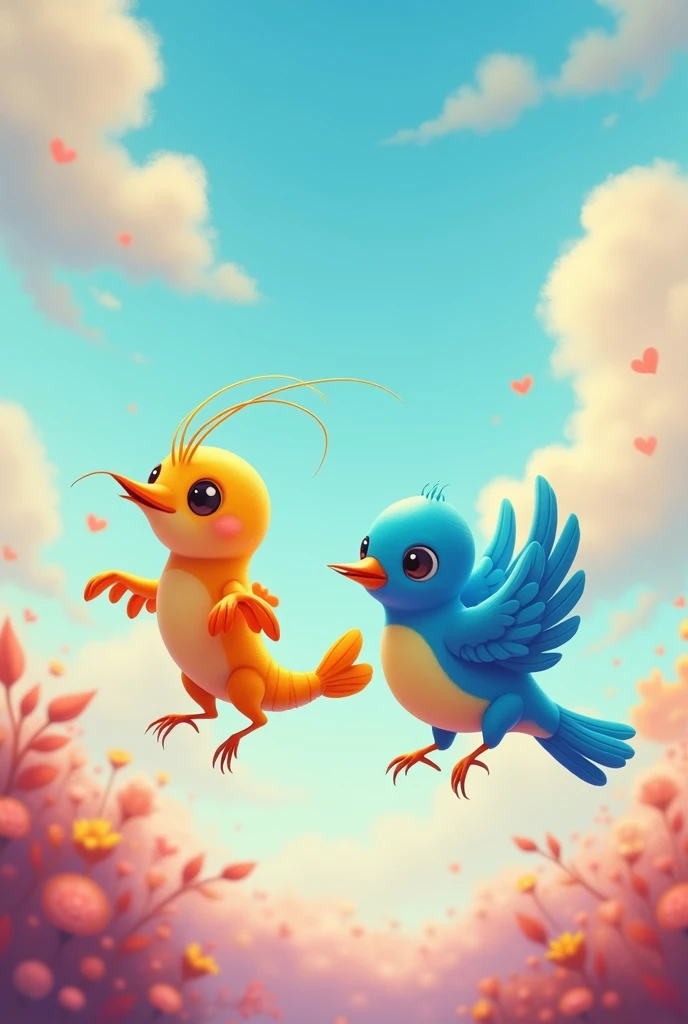 Yellow shrimp blue bird leaving