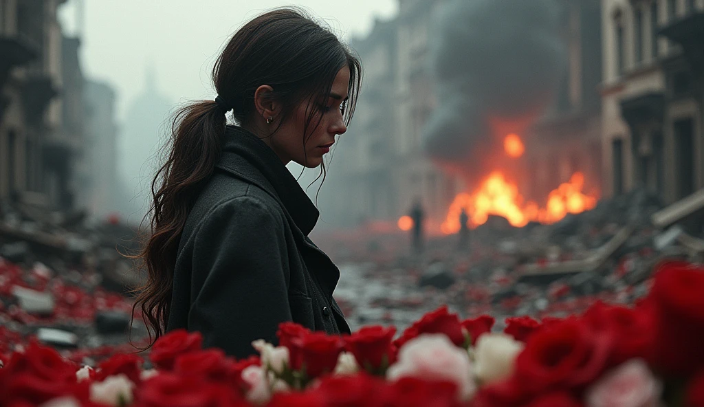 1940; (masterpiece, best quality) destroyed city (Bruxelas); thousands of red white roses on the ground1sad woman looking Down(close-up); bombs falling from the sky.; fire around.