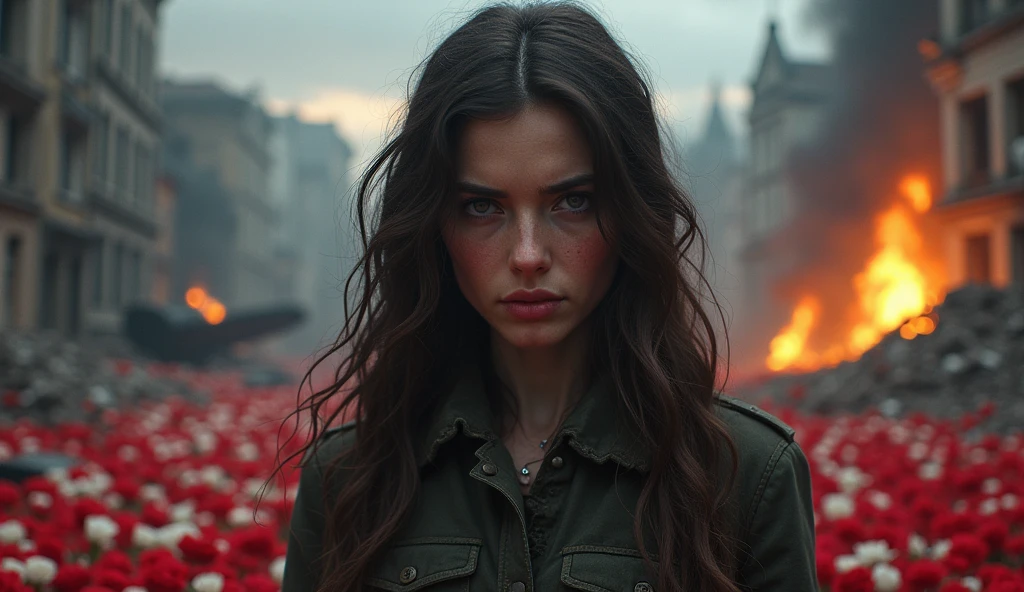 1940; (masterpiece, best quality) destroyed city (Bruxelas); thousands of red white roses on the ground1sad woman looking Down(close-up); bombs falling from the sky.; fire around.