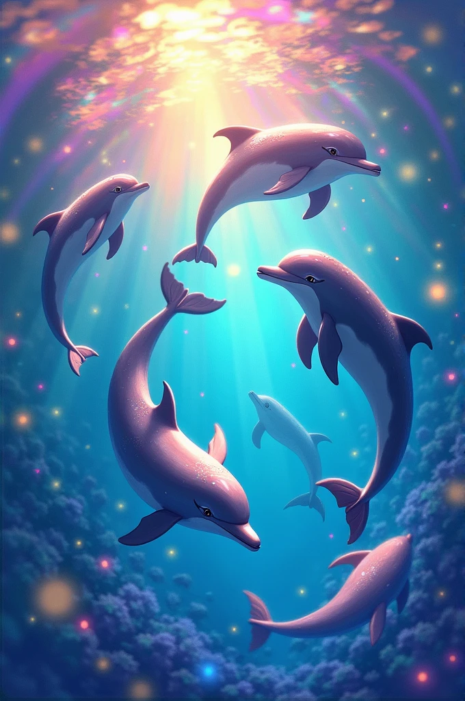 Dolphins playing, with many colors and sparkles, with a rainbow