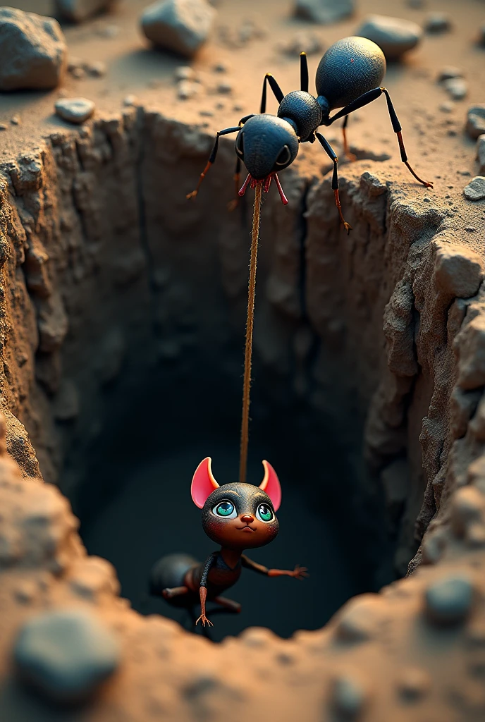 In a deep, rugged pit, a small, cute devil is stuck, clinging to the edge, with its tiny horns and pink ears showing. A large ant, much bigger than usual, is standing at the top of the pit, holding a rope with its mandibles, offering it to the devil. The devil looks up with a mix of hope and gratitude in its innocent eyes. The pit is surrounded by rough rocks and dirt, with shadows casting a dramatic effect. The scene is depicted in hyper-realistic, ultra HD quality, with the textures of the earth and the fine details of the ant and devil brought to life with vibrant colors and rich detail.