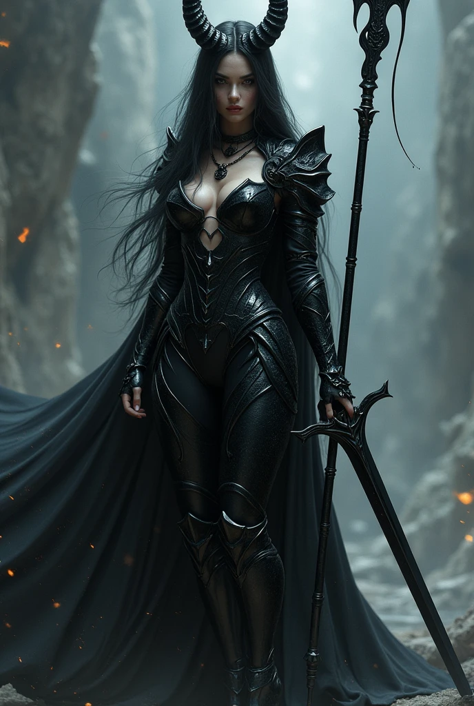 female, beautiful demon kings, inky armor, black hair, inky eyes, black spear in left hand, inky sword in right hand, inky cloak