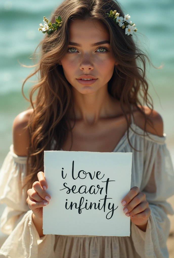 Beautiful girl with wavy long hair, bohemian dress, holding a white board with text "I Love Seaart Infinity" and showing it to the viewer