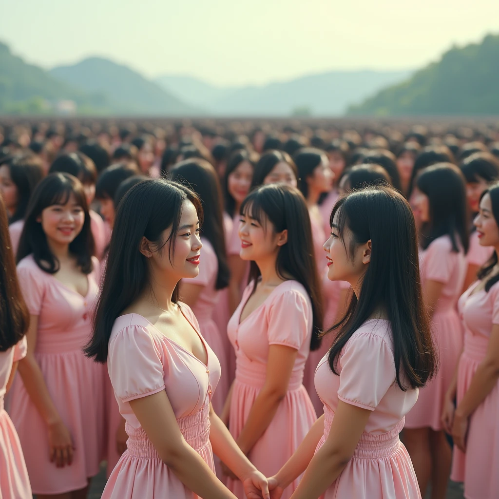 (((((Japanese Clone girls=Myself)))))), (((Best Super High quality Myself Clone girls Raw Photography Art))), (16K, Highest quality, Ultra-high resolution, RAW Photos), (((It's so unrealistic., With unparalleled depiction, With an unfathomable sight, An unprecedented and shocking worldview, Clone girls in a world of mass reproduction, Ultra-realistic))), (((Japanese, woman, 20yo, Saito-Asuka))), (Small face, ((Thick black hair, Semi-long hair))), ((V-neck short-sleeve dress)), (((((Very detailed美しい女体, Accurate body structure, Very detailed完璧な, Super busty body with very large breasts, Clearly emphasizes cleavage))))), (((Dark Eyes, Mature face, Cute Smile, A gentle gaze))), (((Her happy and smiling expression is so cute))), ((((((((Very detailed分身増殖描写, ((1girl→Myself cloning→1,000,000,000,000,000,000,000,000,000,000,000,000,000,000,000,000,000,000,000,000Myself Clone girls)))))))))), ((((((((Very detailed, The precise depiction of the proliferation of Myself Clone girls, ((With the perfectly identical bodies of Myself clone girls, With the exact same face as the Myself clone girls, With the exact same hairstyle as the Myself clone girls, In the exact same clothes as the girls who are my clones, Perfectly the same height as the Myself clone girls, Super big breasts, just like the Myself clone girls)))))))))), (((Myself clone girls only))), (((Multiple pairs, Very detailed depiction, (Myself clone girls hug each other, Myself clone girls assemble, Fun conversations with fellow Myself clone girls, A fun conversation between Myself clone girls, Myself clone girls holding hands, Walking with lots of Myself clone girls)))), (((Everyone looks at the camera))), (((Unbelievably crowded, Transcendent Myself clone girls intimately, Countless Myself clone girls surround you in 360 degrees))), (Bright, soft sunlight), (((Very wide field of view, Very detailed, Detailed ultra-perspective depiction with clear depth, super wide top view))), (((((Landscape with a curved slope))))), (((Very photographic and detailed depiction, Myself clone girls will multiply infinitely and fill the surroundings from one side to the horizon with their bodies tightly packed together without any gaps., A scene of endless Myself clone girls and a fun atmosphere))), (Focus on the average value of the image)