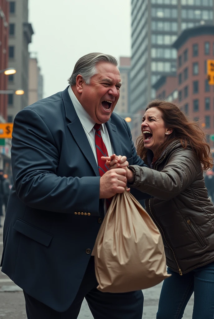 image of Doug Ford mayor of Toronto stealing food from a homeless woman. Toronto in the background. Doug Ford is obese. the homeless woman looks furious and is fighting to get her food back. she is pulling at the bag of groceries that Doug Ford is holding. Doug Ford has light grey hair that is slicked back and he is wearing a mayor suit
