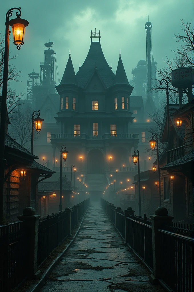 I need the image of a large amusement park , with many attractions, that contains a house in the middle and is themed around serial killers, that the photo looks sinister with footprints , wear 