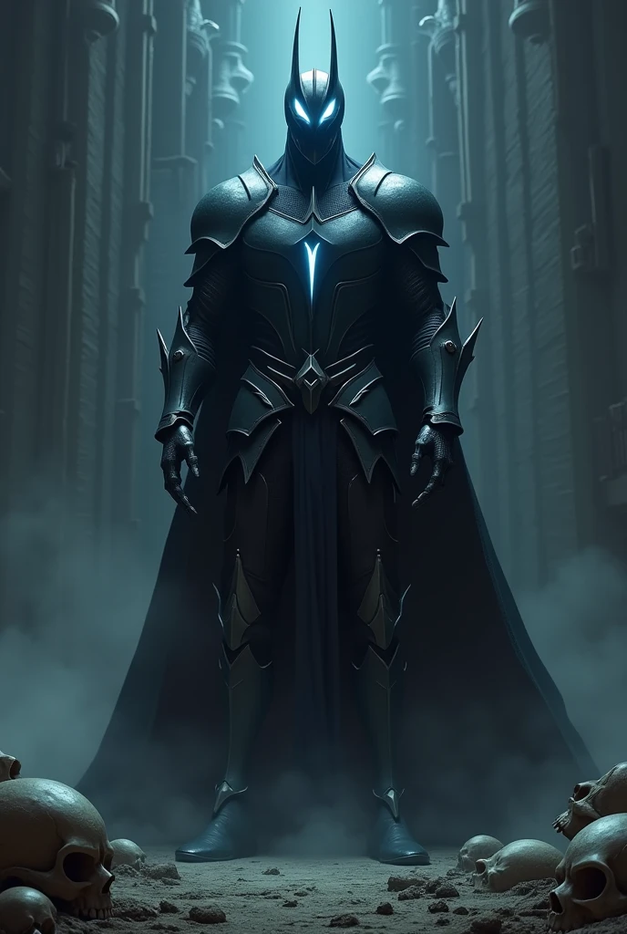 I would like a strong man fully covered in black knight armor, with a helmet that has slits emitting a faint blue glow. The gaps in the armor also emit a blue glow. The hands of the armor have fingers that resemble claws, and there is a dark aura around him, exuding a great sense of superiority. He will be the god of darkness. I would like a throne behind him and a completely dark place with skulls on the ground. I would like it to be in a mature style, with the art in a fantasy and RPG style set in the Old West.
