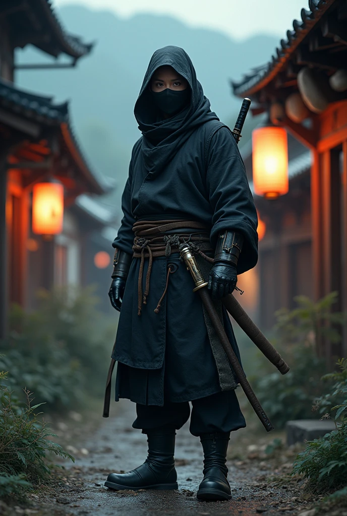 work of art, art station, best qualityer, 8k, ultrarealisitic, digitl art, illustration of a ninja man, ninja outfit, Scrawny, Athletic, In the village, ambient light, contra-luz, volumetric lighting, realisitic, realisitic lighting, cinematic lighting, sharp focus