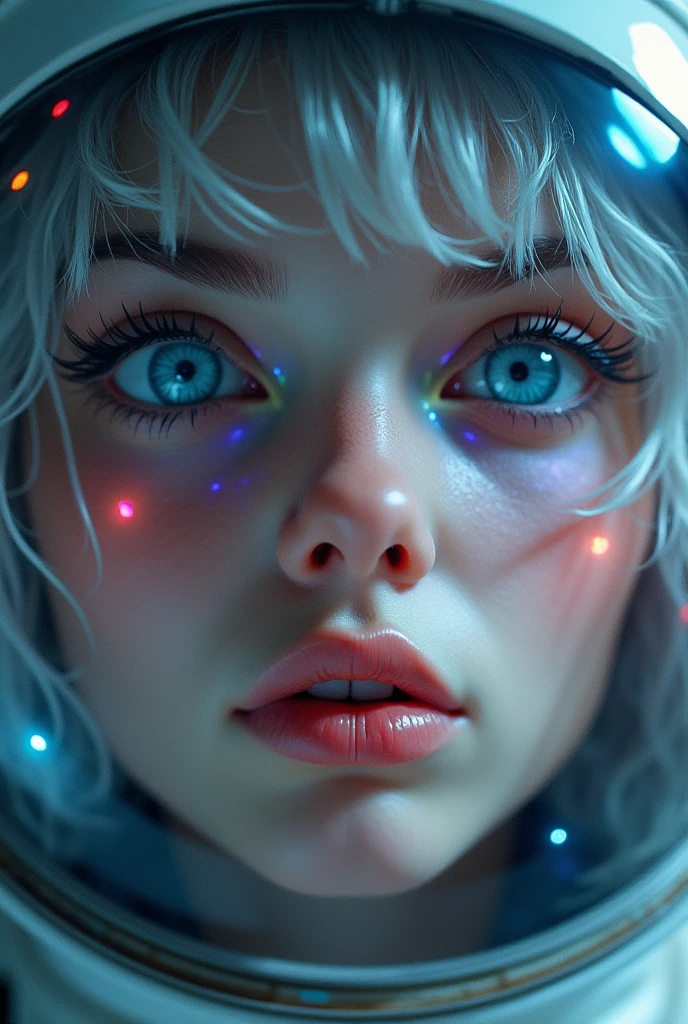 (Close-up of a better masterpiece: 1.5) 0.9], (Space and astronauts: 1.2) (Disheveled silver hair: 1.1) (Xanthochromia heterochromia and blue eyes: 1.2) (space helmet: 1.0) (colorful stars in the eyes: 1.0) (A radiant glow: 1.1) (thick lips: 0.9)