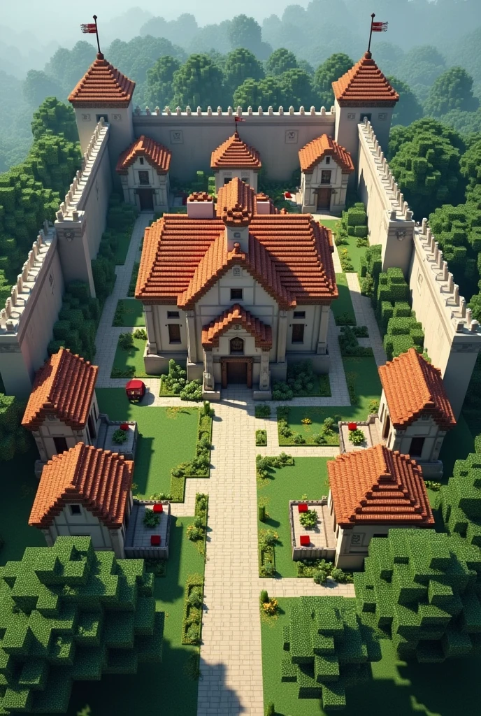 A minecraft map where the boundary wall gap 300 wall and center town hall boundary near a houses with 50 block gap 6 house land only and a market at front of Town hall small