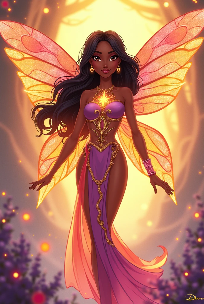 create a sun fairy she has dark skin her hair is black and brown eyes and she wears an enchantix power outfit pink purple and yellow and orange and her wings are beautiful and bright with the colors I mentionedhttps://civitai.com/models/94855/winx-cartoon-style-series-by-yeiyeiart