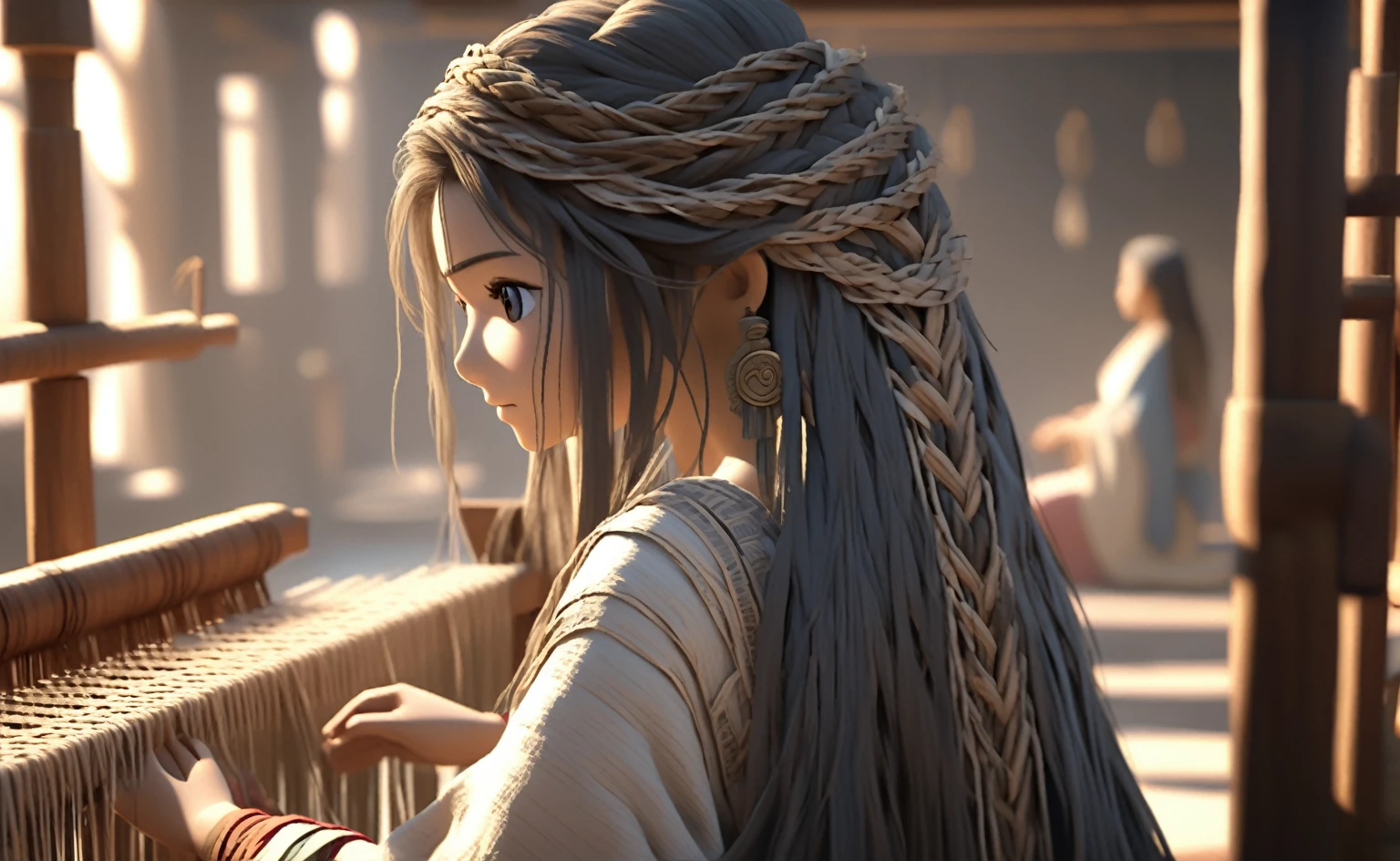 A poor woman working on a loom,face and eyes on right side, beautifully dressed, in ancient times, 3D, realistic anime character, extremely detailed face and eyes, long flowing hair, intricate details, photorealistic, cinematic lighting, muted color palette, dramatic shadows, high quality, masterpiece,