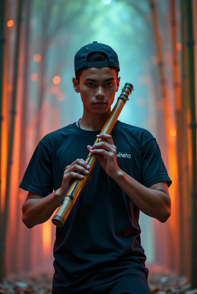 A 18 year younger man wearing black tshirt and black lower, Yogesh Rathor name on the tshirt, the boy wearing black cap,walking while playing a bamboo shakuhachi flute, the surrounding bamboo forest changes to rainbow colors in tune with the melodic music, mystical bamboo forest, (best quality,4k,8k,highres,masterpiece:1.2),ultra-detailed,(realistic,photorealistic,photo-realistic:1.37),beautiful detailed eyes,beautiful detailed lips,extremely detailed eyes and face,long eyelashes,intricate braided hat,detailed bamboo flute,colorful bamboo forest,moody lighting,serene atmosphere,ethereal,spiritual,peaceful,cinematic, the boy is young, YOGESH RATHOR name on the tshirt,the boy wearing black cap,