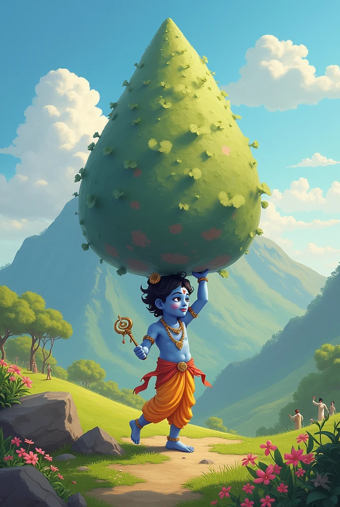 Cute  lord krishna lifting big large moutain with his right hand little finger 