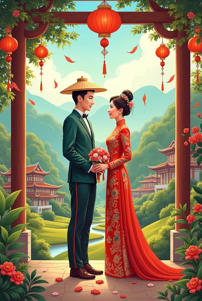 help me to draw groom and bridge in Viet Nam westside style