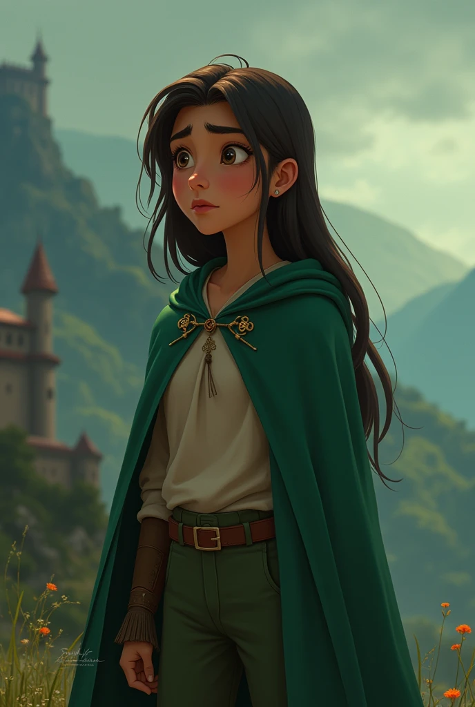 Dreamworks 2D animation. young adult, Long hair, Without beard, tired look, medieval clothes and green cape