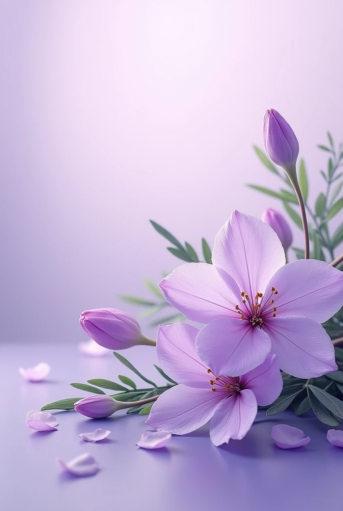 This image is、Beautiful flowers arranged on a purple background。The flowers are mostly pale purple、There are also some buds and green leaves.。Overall, the color is soft、It gives a calm and relaxed impression。The flowers are arranged on the right。