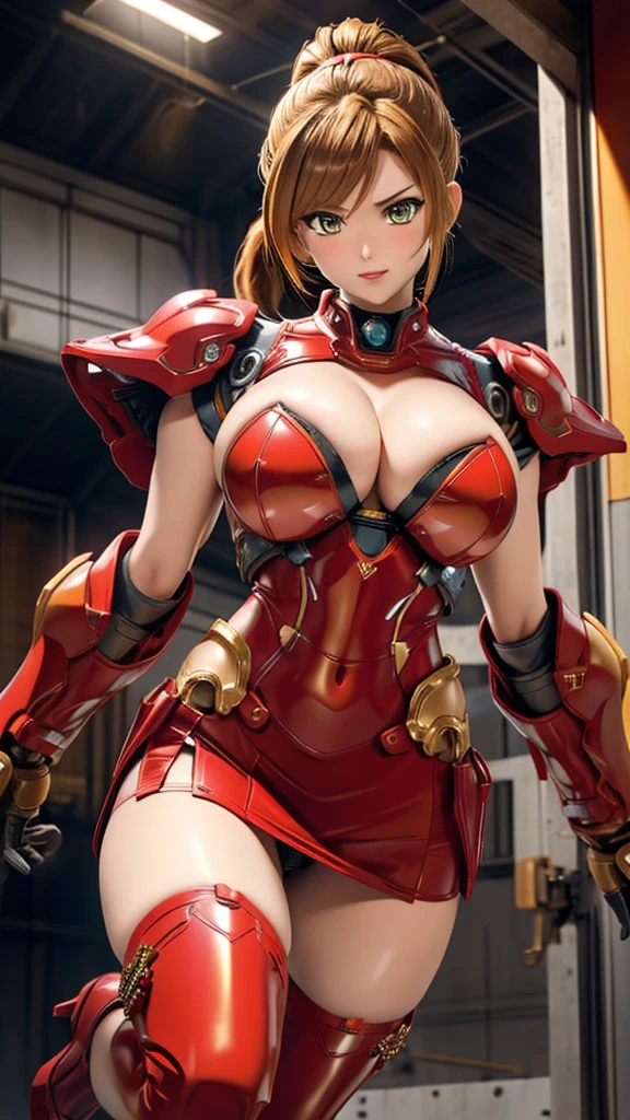 red translucent armor,Arm mecha,Short golden hair,Long ponytail hairstyle,Large Breasts,Cleavage,Pistol hanging from waist,fighter pilot,fighter hangar,sexly,Lipstick,Miss,Golden Eyes,stockings,Short skirt,action,In battle,Portable electromagnetic thunder cannon mounted on the back