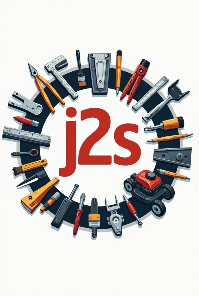 Circular logo of a company called J2S, with tools such as square , compass, ruler, spirit level, pinceau, mower...