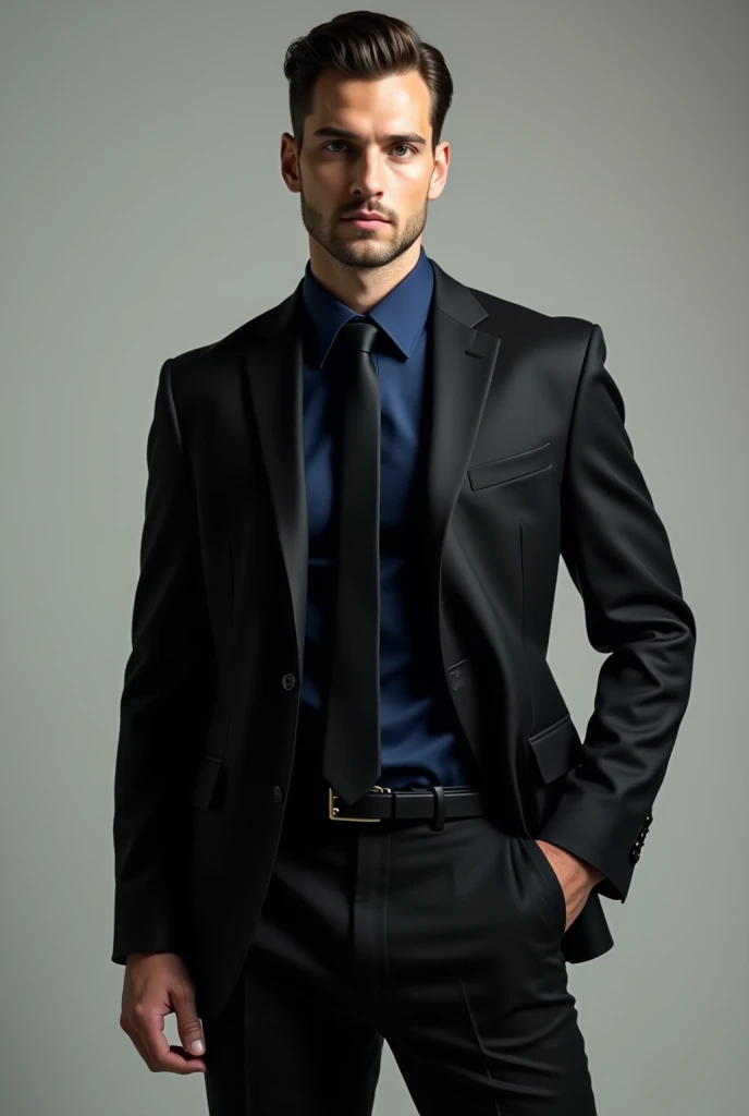 Man standing in black suit, navy blue undershirt and black tie
