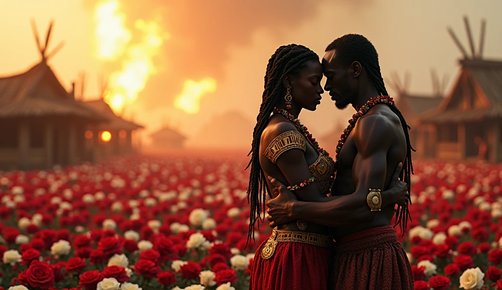 1419; (masterpiece, best quality) destroyed village(Cuazulo-Natal) thousands of red white roses on the ground; flowers on the ground; 1Zulus african warrior hugging you affectionately his wife(close-up);spears on the floor.; fire around.