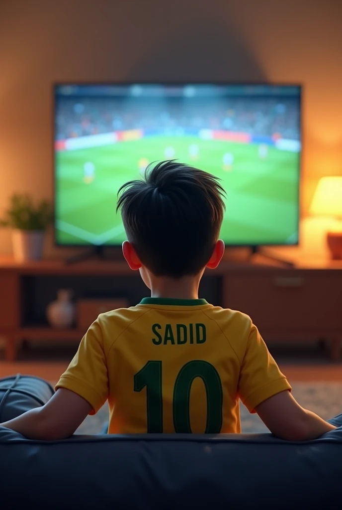 a_14_years_old_boy_watching_football_match_on_tv_and_wearing_brazil_
jearsy_and_jearsy_name_is_SADID_and_number_10