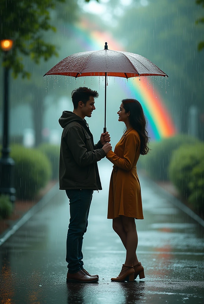 Me and my girlfriend standing in rain with ambrella and behind rainbow 