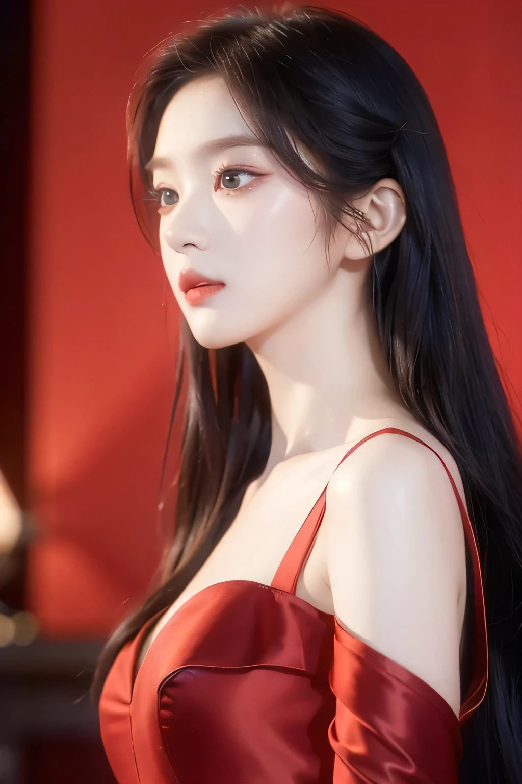 irene rv, red satin dress, long hair, beautiful detailed eyes, beautiful detailed lips, extremely detailed face, longeyelashes, elegant pose, dramatic lighting, cinematic, chiaroscuro, dramatic shadows, moody, atmospheric, photorealistic, 8k, best quality, masterpiece