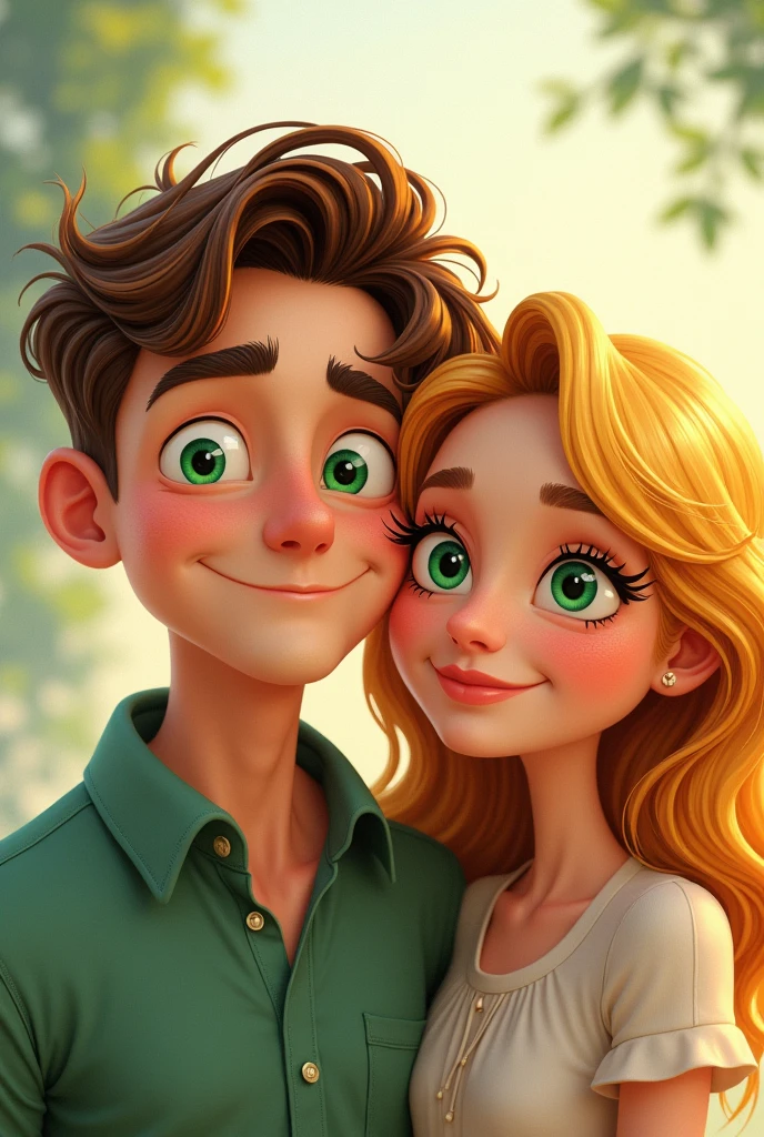 A parents with green ayes like cartoon golden hair like cartoon