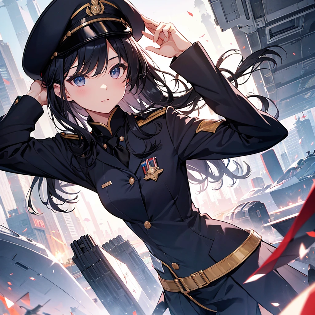 Commander Woman、beautiful、Near future、uniform、salute、Black Uniform、Black Hair、tie、Attractive body、beret、Medals、class seal、Fighter plane bunker in the background