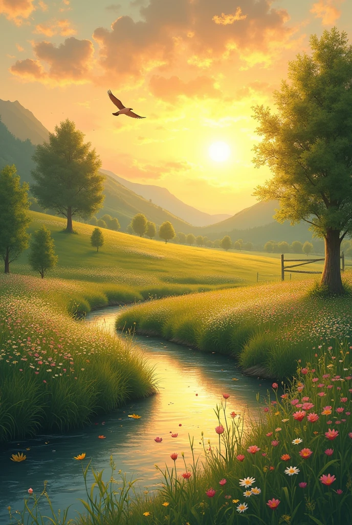 (( Bustling things disperse the fragrance  .Running water is heartless and grass comes from spring .Sunset, east wind, complaining bird .Falling flowers are like people falling from a building 。))
