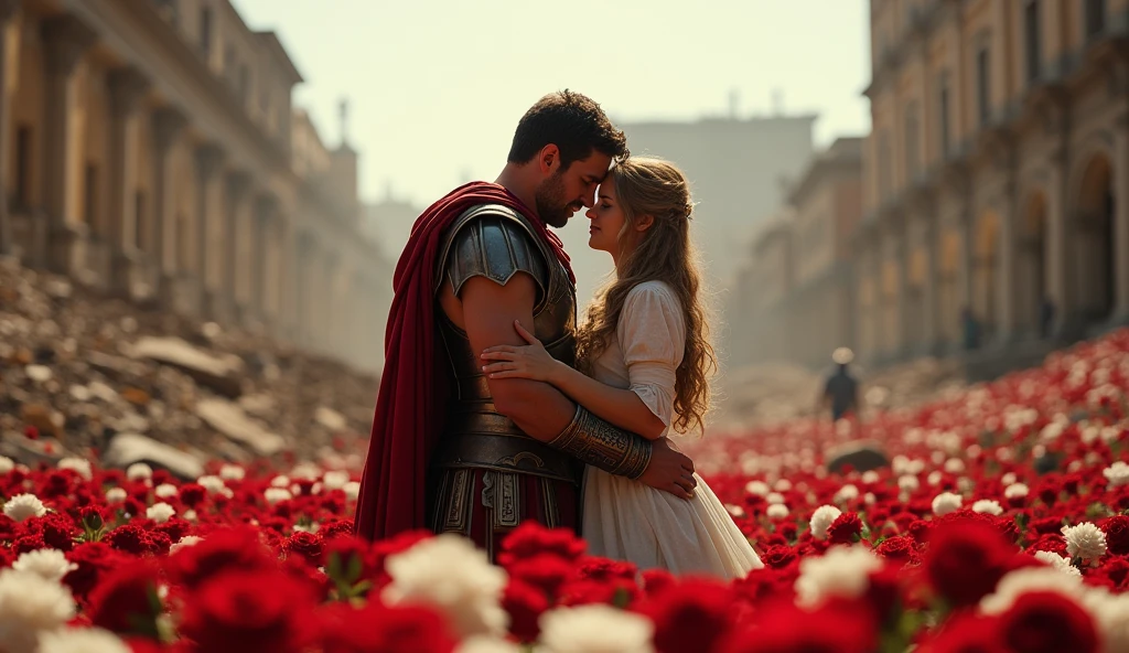 a roman soldier hugged caring his wife in a destroyed city, thousands of red white roses on the ground, thousands of flowers on the ground, roman sword on the floor, fire around, (best quality,4k,8k,highres,masterpiece:1.2),ultra-detailed,(realistic,photorealistic,photo-realistic:1.37),cinematic lighting,dramatic lighting,vibrant colors,intricate details,highly detailed
